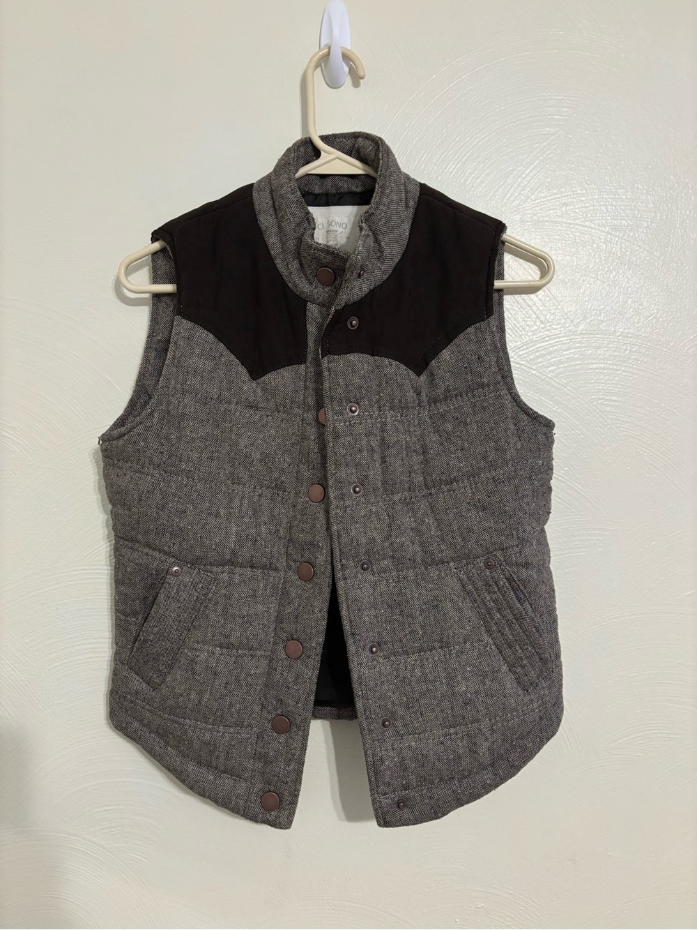 Ci Sono Quilted Puffer Vest Small Brown Gray Wool Blend Snap Front Western Yoke